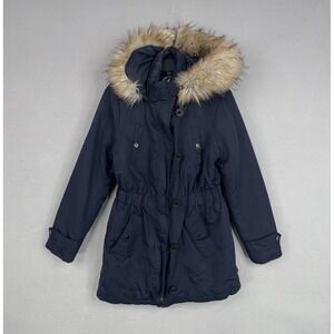 Halitech Jacket Womens Small Navy Faux Fur Hooded Parka Coat Winter Warm